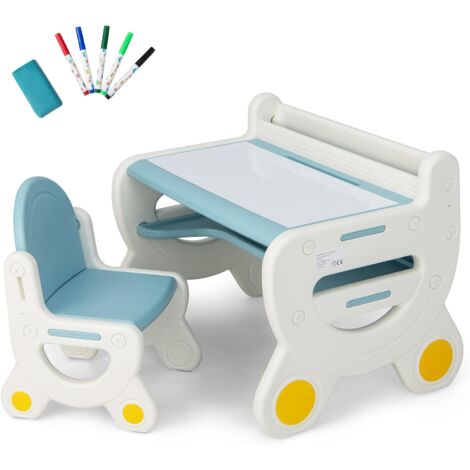 COSTWAY Set Tavolo e sedia per Bambini, Tavolo per Bambini con Sedia, Tavolo da Disegno Cancellabile e Ripiano, per Disegnare, Leggere, Giocare, Ideale per Bambini 3-8 Anni (Blue)