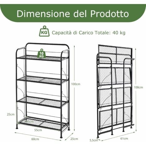 COSTWAY Porta Piante per Interni ed Esterni, Porta Vaso in Metallo Salvaspazio Pieghevole con Ripiano Regolabile, Piedini Regolabili e Struttura Robusta per Salotto, Cortile e Balcone