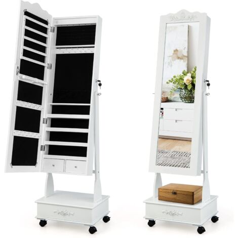 COSTWAY Armadio per Gioielli da Terra con LED, Serratura, 4 Ruote e Specchio a Figura Intera, Angolo Regolabile in 3 Posizioni, per Soggiorno, Camera da Letto (Bianco)