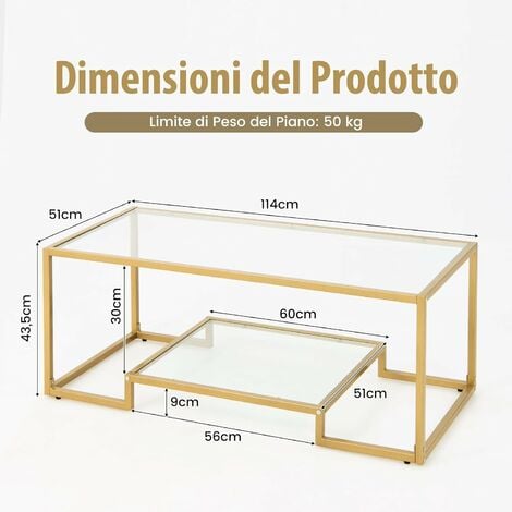 Costway Tavolino da salotto a 2 livelli con telaio in metallo, Tavolino  rettangolare in vetro temperato da soggiorno Oro