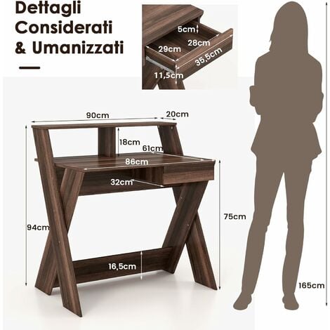 COSTWAY Scrivania per Computer in Legno, Scrivania con Cassetto,  Portaoggetti e Supporto per Monitor, Poggiapiedi e