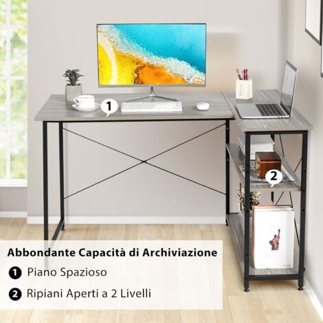 COSTWAY Scrivania Angolare 120 CM, Scrivania per Computer ad Angolo con 2 Ripiani, Scrivania Ufficio Reversibile Moderna con Design Salvaspazio, 120 x 88 x 74,5 cm (Grigio)