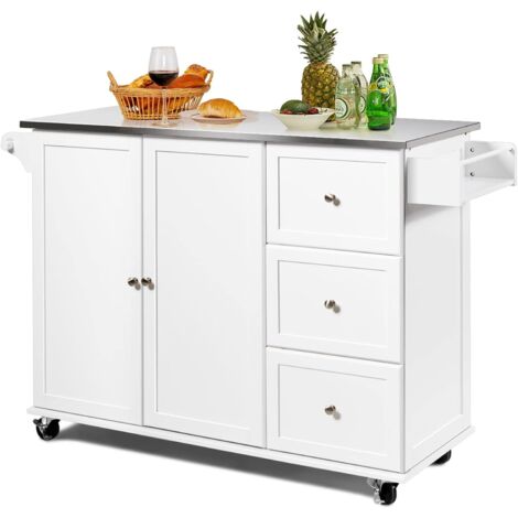 COSTWAY Carrello da Cucina, Isola da Cucina con Piano in Acciaio Inox, 3 Cassetti e Armadietto a 2 Ante, Ripiani Regolabili e Portasciugamani e Portaspezie, 135x45,5x 91,5 cm (Bianco)