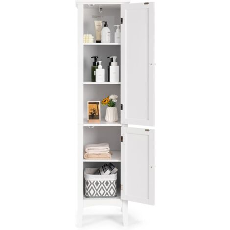 COSTWAY Mobile da Bagno Alto con 2 Ante, Armadio da Terra con 5 Vani, Mobile Colonna per Bagno Cucina Soggiorno, 37 x 37 x 160 cm (Bianco)
