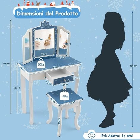 COSTWAY 2 in 1 Toeletta Trucco per Bambini con Sgabello, Tavolo per Trucco  con Specchio Triplo e Cassetto, Specchio Rimovibile, Rosa/Blu, 3 Anni +  (Blu)