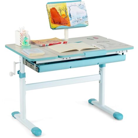 COSTWAY Scrivania per Bambini, Tavolo per Studenti con Regolabile in Altezza, con Piano Ribaltabile, Libreria, Cassetti e Righello di Misurazione, Ergonomica, Ideale per Bambini 3-12 Anni (Blue)