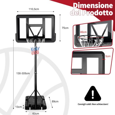 Canestro da Basket Esterno 135-305cm - Professionale Regolabile in Altezza per Esterno ed Interno Con Ruote e Supporto per Pallone - per Parco, Casa e Giardino