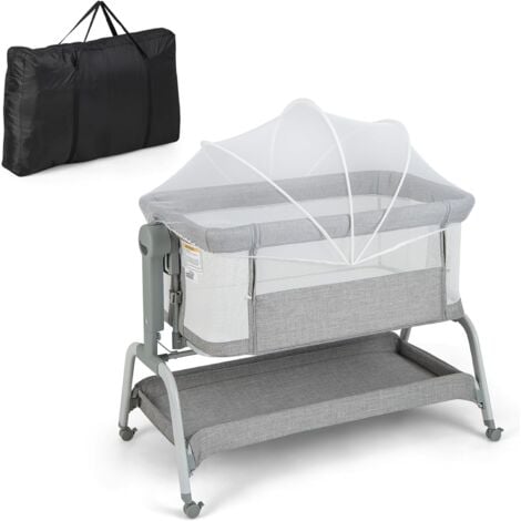 COSTWAY Culla Neonato Fianco 4 IN 1, Culla Co-sleeping con Spondina Apribile, Altezza Regolabile, Inclinabile, Materasso Ruote Borsa da Viaggio Zanzariera Inclusi, 0-6 Mesi Fino a 9 kg (Grigio)