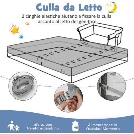 COSTWAY Culla Neonato Fianco 4 IN 1, Culla Co-sleeping con Spondina Apribile, Altezza Regolabile, Inclinabile, Materasso Ruote Borsa da Viaggio Zanzariera Inclusi, 0-6 Mesi Fino a 9 kg (Grigio)