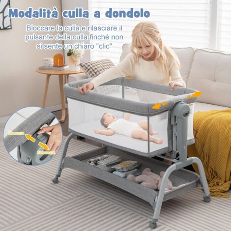 COSTWAY Culla Neonato Fianco 4 IN 1, Culla Co-sleeping con Spondina Apribile, Altezza Regolabile, Inclinabile, Materasso Ruote Borsa da Viaggio Zanzariera Inclusi, 0-6 Mesi Fino a 9 kg (Grigio)