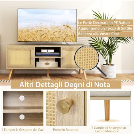 Supporto TV in rattan, console TV, centro intrattenimento, mobile TV con ante scorrevoli, consolle multimediale, in legno massello di bambù, per soggiorno, camera da letto