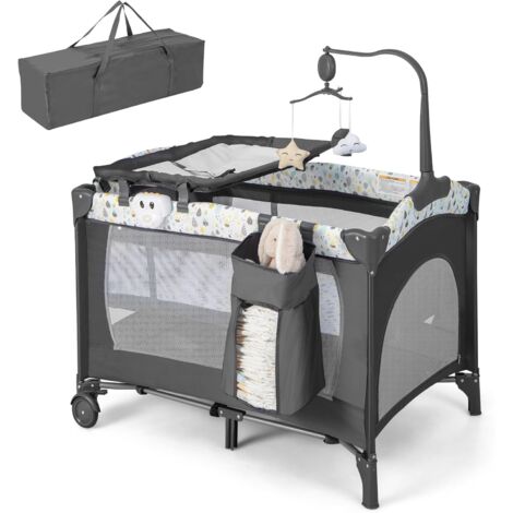COSTWAY 4 in 1 Lettino Neonato da Viaggio, Culla da Campeggio Pieghevole con Materasso Fasciatoio Ruote, Box Bambini Portatile con Borsa, dalla Nascita fino a 15 kg, 102 x 72 x 74 cm (grigio+beige)