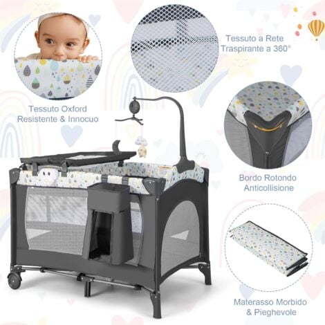 COSTWAY 4 in 1 Lettino Neonato da Viaggio, Culla da Campeggio Pieghevole con Materasso Fasciatoio Ruote, Box Bambini Portatile con Borsa, dalla Nascita fino a 15 kg, 102 x 72 x 74 cm (grigio+beige)