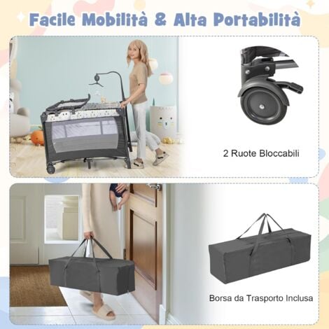 COSTWAY 4 in 1 Lettino Neonato da Viaggio, Culla da Campeggio Pieghevole con Materasso Fasciatoio Ruote, Box Bambini Portatile con Borsa, dalla Nascita fino a 15 kg, 102 x 72 x 74 cm (grigio+beige)