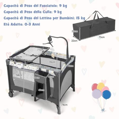 COSTWAY 4 in 1 Lettino Neonato da Viaggio, Culla da Campeggio Pieghevole con Materasso Fasciatoio Ruote, Box Bambini Portatile con Borsa, dalla Nascita fino a 15 kg, 102 x 72 x 74 cm (grigio+beige)