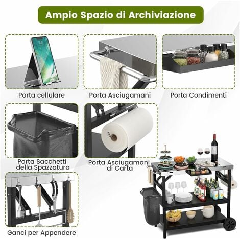 COSTWAY Carrello Barbecue da Esterno con 3 Ripiani, Carrello da Cucina  Esterno con Ripiano Regolabile, Carrello