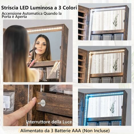COSTWAY Specchio Portagioie con Luci LED a 3 Colori, Specchio a Figura  Intera, Armadietto Portagioie da