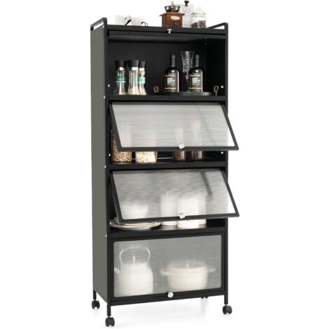 COSTWAY Étagère Cuisine 5 Niveaux, Armoire de Cuisine 4 Portes PC Escamotables avec 4 roulettes, Étagère Micro-Ondes pour Salle à Manger, Salon, 60 x 32 x 154 cm, Noir