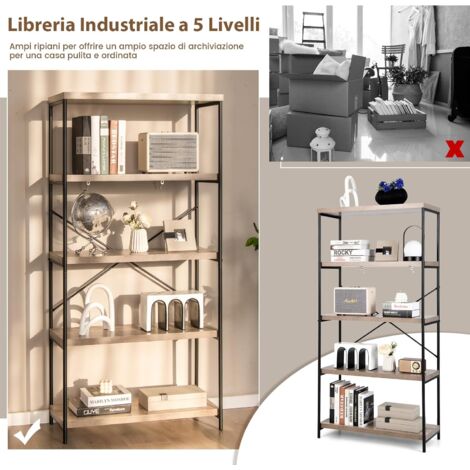 Libreria A 5 Ripiani COSTWAY - Scaffale In Metallo E Legno, 60x30x180 Cm, Marrone