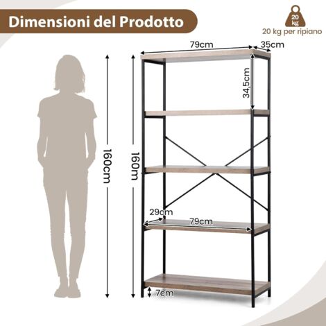 Libreria A 5 Ripiani COSTWAY - Scaffale In Metallo E Legno, 60x30x180 Cm, Marrone - Foto 6