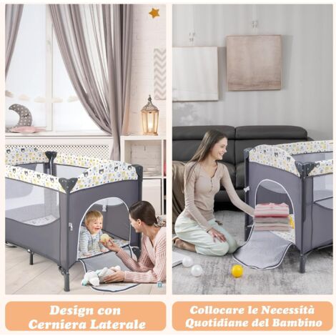 COSTWAY Lettino per Bambini 5-in-1 con Materasso, Culla da Campeggio Pieghevole e Regolabile con Ruote, Adatta per Bambini 0-9 Mesi, grigio
