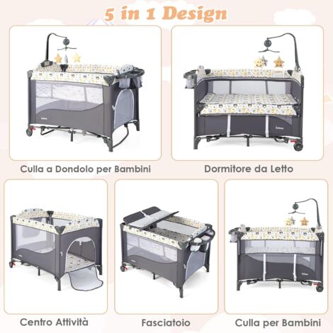 COSTWAY Lettino per Bambini 5-in-1 con Materasso, Culla da Campeggio Pieghevole e Regolabile con Ruote, Adatta per Bambini 0-9 Mesi, grigio