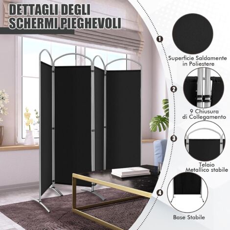 Divisori per camera a 3 pannelli, 259,1 cm L x 180,3 cm H e divisori pieghevoli per esterni, casa, ufficio, divisorio portatile per pareti divisorie per portico (nero