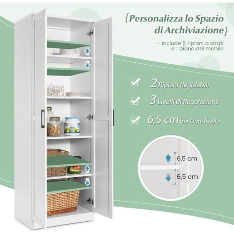 COSTWAY Armadio Alto di Stoccaggio a Pavimento con 2 Ante, Mobile Multiuso con Ripiani Regolabili, Armadietto di Stoccaggio in Legno Capacità di Carico di 90 kg, 59 x 43,5 x 178 cm (Bianco)