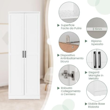 COSTWAY Armadio Alto di Stoccaggio a Pavimento con 2 Ante, Mobile Multiuso con Ripiani Regolabili, Armadietto di Stoccaggio in Legno Capacità di Carico di 90 kg, 59 x 43,5 x 178 cm (Bianco)