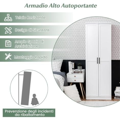 COSTWAY Armadio Alto di Stoccaggio a Pavimento con 2 Ante, Mobile Multiuso con Ripiani Regolabili, Armadietto di Stoccaggio in Legno Capacità di Carico di 90 kg, 59 x 43,5 x 178 cm (Bianco)