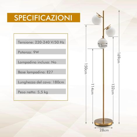 Lampada Da Terra A 3 Globi COSTWAY - Con Interruttore A Pedale, Palo In Metallo Robusto, Per Salotto E Camera
