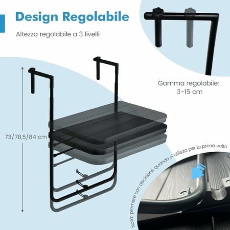 COSTWAY Tavolino Pieghevole da Balcone, Regolabile in Altezza, Tavolo da  Appendere Adatto a Ringhiera da 3