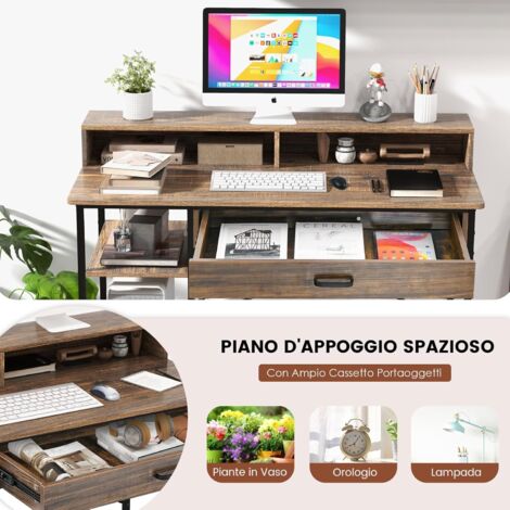Scrivania PC COSTWAY 120x55cm Con Cassetti E Ripiano Stampante - Bianco, Portata 60kg | Per Ufficio E Studio Casa