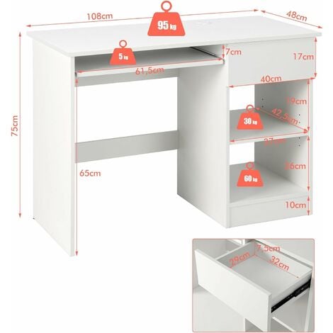 COSTWAY Scrivania con Cassetto, Scrivania per Computer in Legno con Vassoio  per Tastiera Estraibile, Supporto per