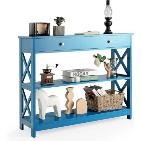 COSTWAY Tavolo Consolle con Cassetto, Tavolo da Ingresso a 3 Ripiani, Tavolino per Divano per Ingresso Soggiorno Camera da Letto, Stile Vintage Industriale (blu)