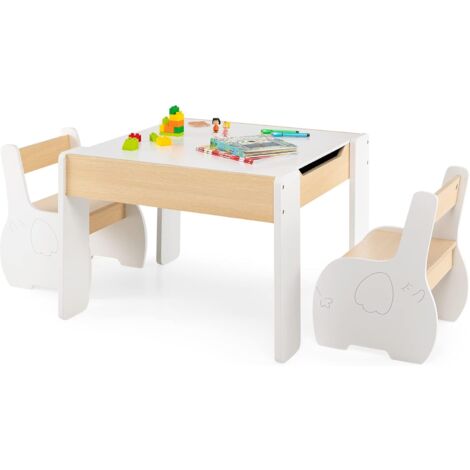 COSTWAY Set Tavolo e Sedie per Bambini, Set di Tavolo da Attività per Bambini con 2 Sedie, Lavagna Rimovibile e Deposito, per Giocare, Disegnare e Leggere (bianco)