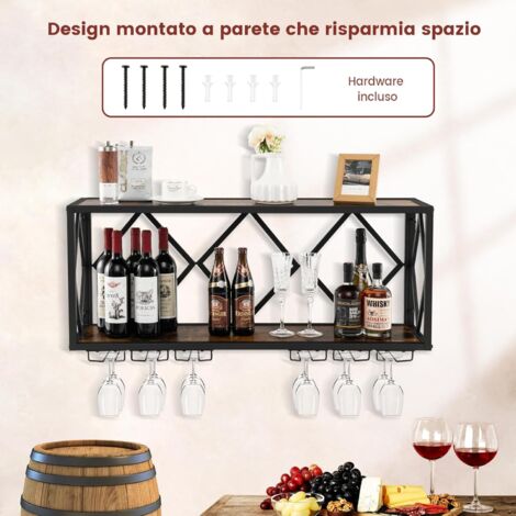 Generico Portabottiglie Industriale Montaggio A Parete con Porta Calici 60/80/100/120 cm Metallo Appeso Porta Bicchiere di Vino Porta Bottiglie Ripiani Decorazioni per la Casa Mensola a Muro
