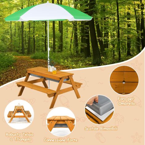 GYMAX Set Tavolo da Picnic 3 in 1 per Bambini, con Ombrello Rimovibile e Pieghevole e 2 Scatole, Set di Tavolo e Panca in Legno per Esterno Giardino Patio (Bianco+Verde