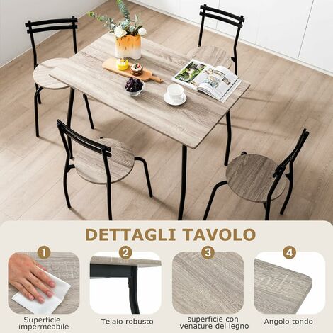 Set tavolo da pranzo e sedie da 5 pezzi per 4 persone, tavolo da