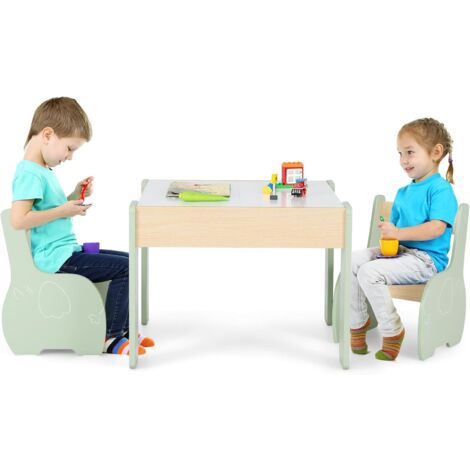 COSTWAY Set Tavolo e Sedie per Bambini, Set di Tavolo da Attività per Bambini con 2 Sedie, Lavagna Rimovibile e Deposito, per Giocare, Disegnare e Leggere (verde)