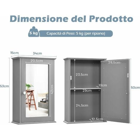 Costway Armadietto al muro con specchio e varie mensole per bagno,  Armadietto dei medicinali moderno Bianco>