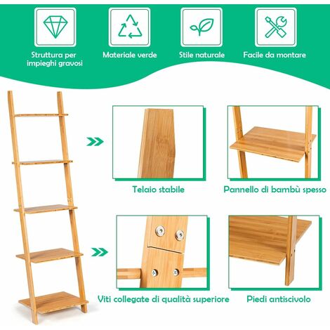 Scaffale ideale per il bagno con telaio a forma di scala a 4 ripiani aperti