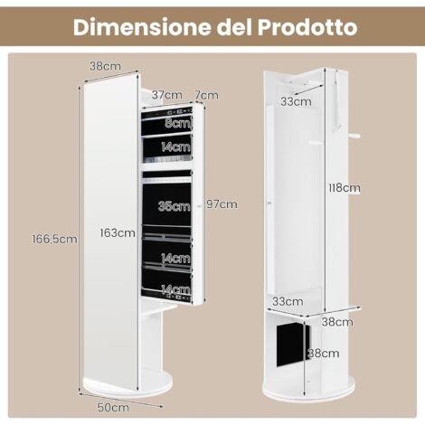 COSTWAY Armadio Portagioie Bambini 3 In 1 Con Specchio E Appendiabiti - Bianco, Per Cameretta Organizzata