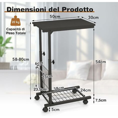 COSTWAY Tavolino da Salotto Moderno, Tavolino Basso Regolabile in Altezza  con Ruote e Cestino Portaoggetti, Tavolino Porta PC a Forma di C da Divano  e Letto per Soggiorno e Camera da Letto (