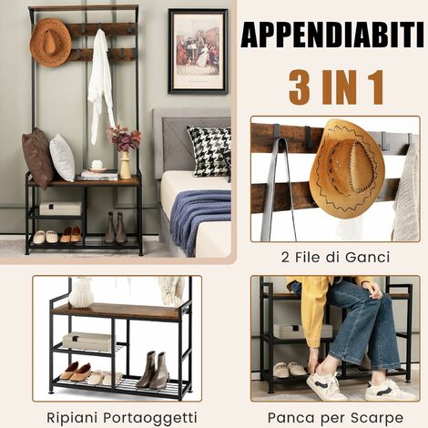 VASAGLE Appendiabiti da Ingresso con Panca Scarpiera, Attaccapanni con 9  Ganci Rimovibili e Barra Appendiabiti, 32,2 x 64 x 180 cm, Camera da Letto,  Industriale, Greige e Nero