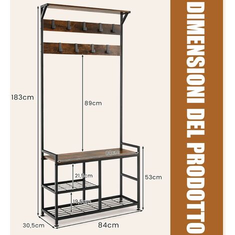 COSTWAY 4 in 1 Stand Appendiabiti, Attaccapanni con Panchina Scarpiera e 9  Ganci Rimovibili, in Metallo