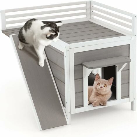 Casetta di legno a 2 piani per gatti con grande porta, Rifugio