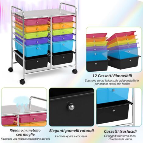 COSTWAY Carrello Di Stoccaggio Con 12 Cassetti, Carrello Portaoggetti Con 4 Ruote, Carrello Multiuso Per Scuola Ufficio Cucina, 64 X 38 X 62 Cm (12 Cassetti Arcobaleno