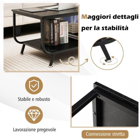 Tavolino Da Caffè Rettangolare COSTWAY Con Piano In Marmo Sintetico - 2 Livelli, Struttura Metallo Nero/Oro