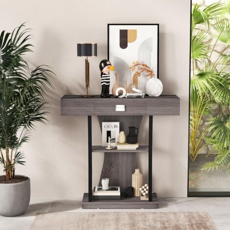 COSTWAY Tavolo Consolle in Legno, Tavolo Ingresso con Cassetti, Ripiani e 2 Kit Anti-ribaltamento, Tavolo Multiuso e Salvaspazio per Salotto, Camera da Letto e Corridoio, 91 x 30 x 88 cm (Grigio)